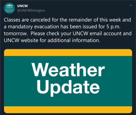 Tweet about Hurricane Dorian evacuation from the UNCW main twitter account, originally posted Sept. 2, 12:27 p.m. Screenshot by Spencer Boring.
