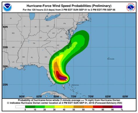 This map shows the probabilities of hurricane force winds from Dorian.