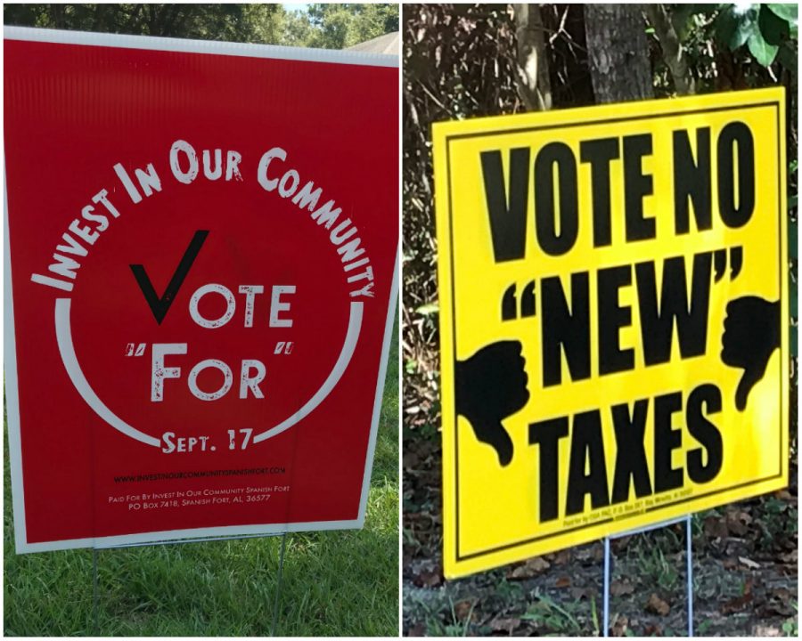 Yard signage on display in the Wakefield subdivision in Spanish Fort, Ala., on Friday, Sept. 13, 2019. On the left is a sign in support of a 3-mill property tax increase for schools and on the left is a sign in opposition. Voters in Spanish Fort and Fairhope will head to the polls on Tuesday, Sept. 17, 2019, to vote on whether their taxes should be raised to support academics within the schools in their cities.