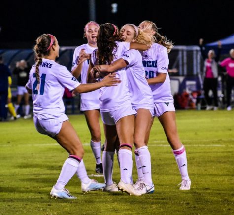 The UNCW womens soccer team celebrates during its matchup with James Madison on Oct. 24, 2019. 