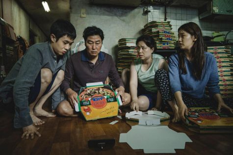 The Kim family (From left: Choi Woo-shik Choi, Song Kang-ho, Jang Hye-jin and Park So-dam) in