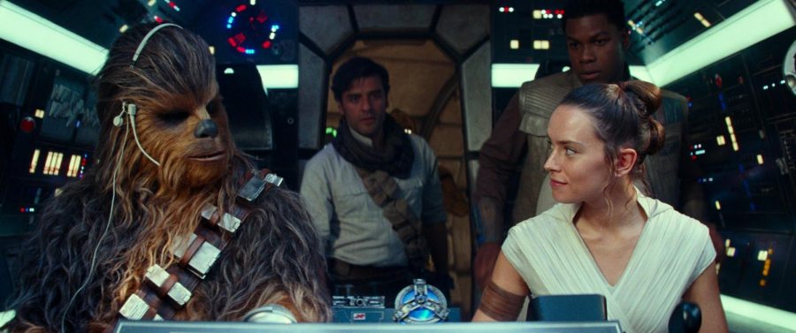 From left, Joonas Suotamo as Chewbacca, Oscar Isaac as Poe Dameron, Daisy Ridley as Rey and John Boyega as Finn in Star Wars: The Rise of Skywalker. [Disney-Lucasfilm]