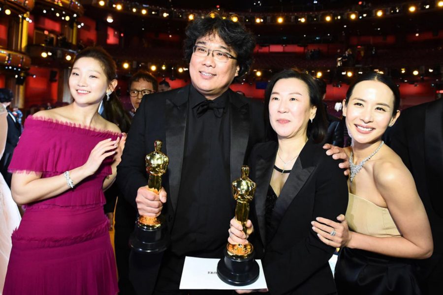 In this handout photo provided by A.M.P.A.S. Best Picture Award winners for Parasite pose onstage during the 92nd Annual Academy Awards at the Dolby Theatre on Feb. 9, 2020 in Hollywood, Calif. (Matt Petit - Handout/A.M.P.A.S. via Getty Images/TNS)