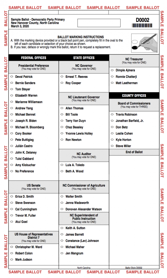 The sample ballot for the New Hanover county 2020 primary elections.