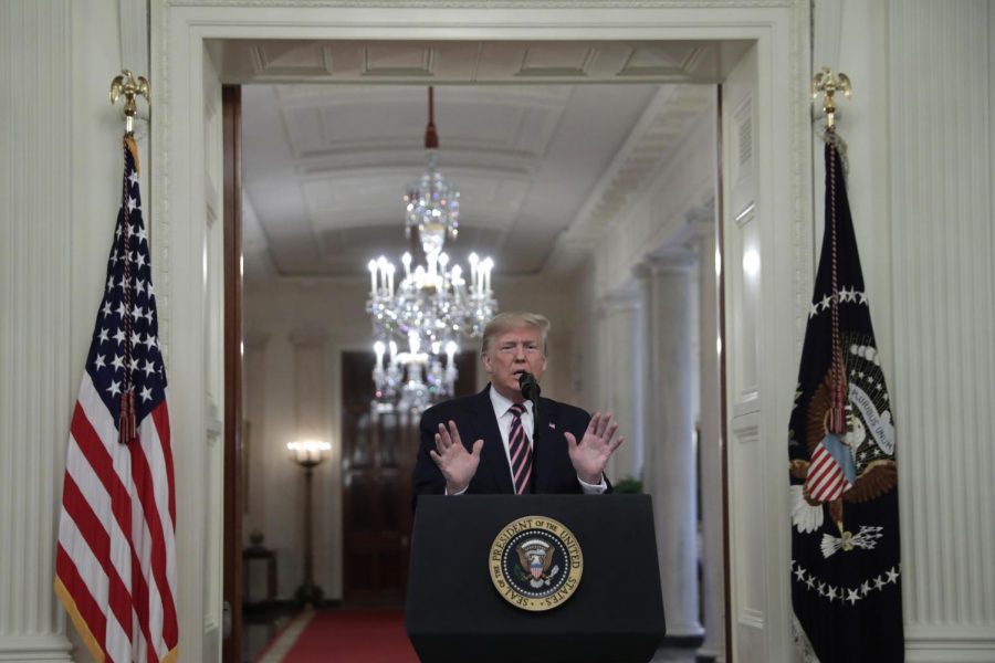 U.S. President Donald Trump delivers remarks about his Senate impeachment trial in the East Room at the White House in Washington on February 6, 2020. (Yuri Gripas/Abaca Press/TNS)