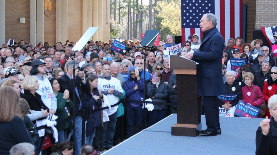 Michael+Bloomberg%2C+running+for+the+Democratic+presidential+nomination%2C+speaks+to+supporters+and+attendees+at+a+campaign+rally+the+Saturday+before+Super+Tuesday+on+March+3+at+E.+A.+Laney+High+School+in+Wilmington.