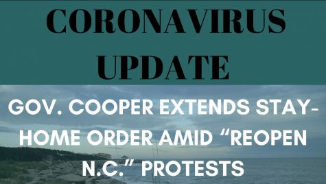 Coronavirus Update: Gov. Cooper extends stay-home order amid 'Reopen N.C.' protests. Graphic by Lauren Wessell, picture by Caitlyn Dark.