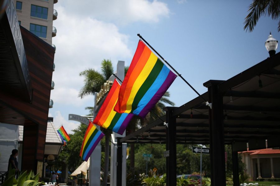 During Pride Month in St. Petersburg, rainbow flags fly in front of local businesses or in shop windows.