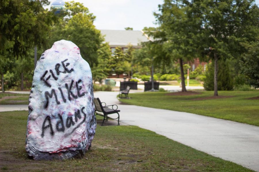 One of the paintable rocks on UNCWs campus near FSU and FSC painted with FIRE MIKE ADAMS.