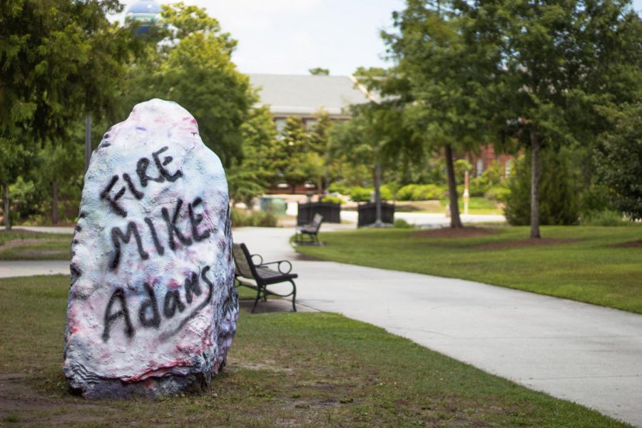 One of the paintable rocks on UNCW's campus near FSU and FSC painted with "FIRE MIKE ADAMS".