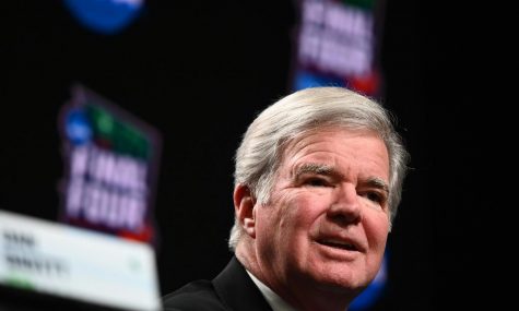 NCAA President Mark Emmert talks during a news conference before the men's basketball NCAA Tournament Final Four on April 4, 2019, at U.S. Bank Stadium in Minneapolis.