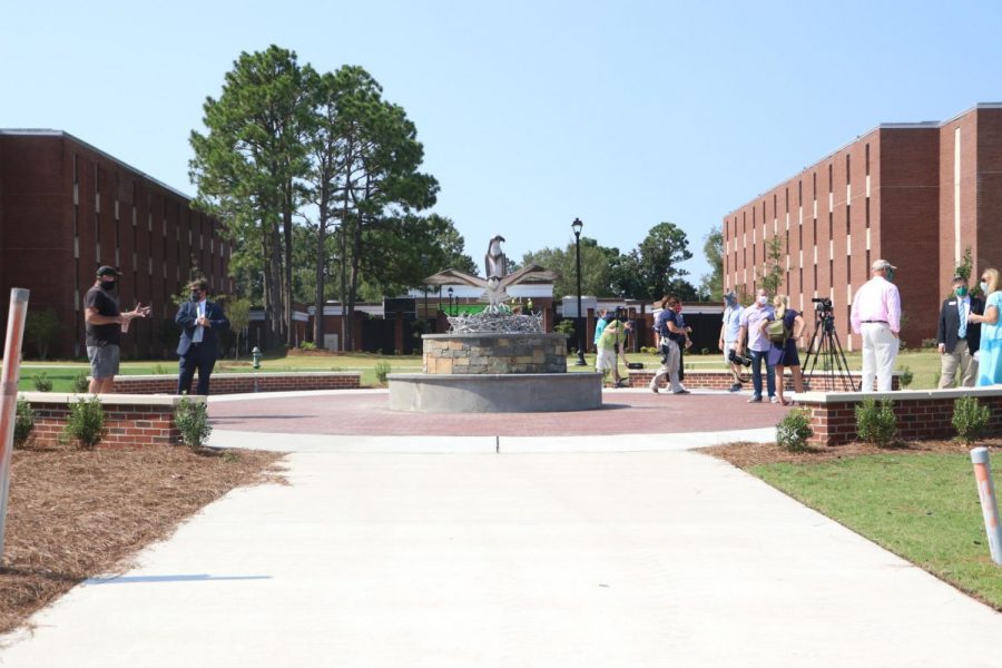 The new seahawk sculpture displayed near Pelican and Sandpiper Halls. 