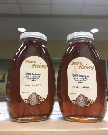 Some of the bottled honey that was sold last year on campus. One pound bottles are available for $9.50 at the POD markets on campus.