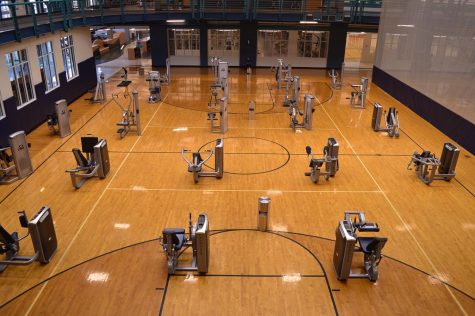 Due to the coronavirus social distance measures, exercise equipment has been spaced at least 6 feet apart.