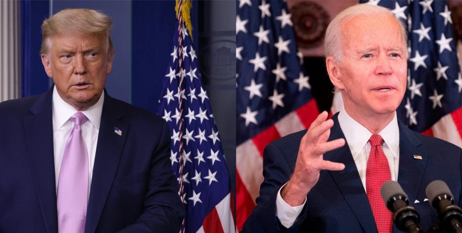 In this photo combination: President Donald Trump, left, speaks during a news conference in the briefing room of the White House; and Democratic presidential candidate, and former Vice President, Joe Biden speaks about the unrest across the country from Philadelphia City Hall. (From left:Alex Wong/Jim Watson AFP/Getty Images/TNS) (Editors note: this is two combined, cropped photos from Getty Images)