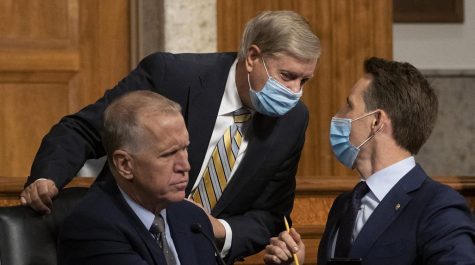 From left, Sen Thom Tillis (R-NC), Senate Judiciary Committee chairman Sen. Lindsey Graham (R-SC), and Sen. Josh Hawley (R-MO), speak during a committee oversight hearing on Capitol Hill in Washington, D.C., on August 5, 2020. (Carolyn Kaster/Pool/Abaca Press/TNS)
