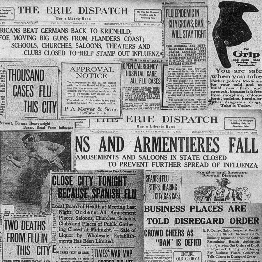 This is a photo collage of 1918 Spanish flu covers and articles from the Erie Daily Times and the Erie Dispatch. [ERIE TIMES-NEWS]