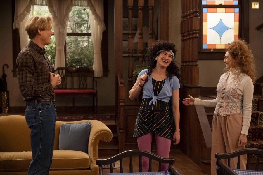 Whether Agnes (Kathryn Hahn, center) is Agnes Harkness or not, her amazing performance as the generic nosy next-door neighbor character is one of the best parts of WandaVision. And yes, those clothes she, Vision (Paul Bettany, left) and Wanda (Elizabeth Olsen, right) have on are what people wore in the 1980s. 