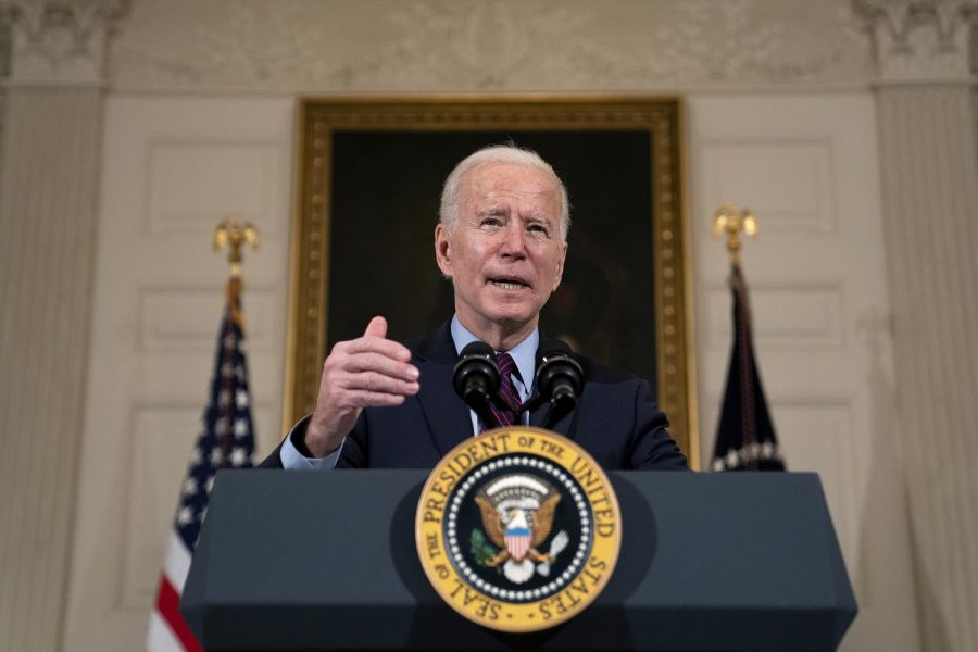 President Joe Biden delivers remarks on the national economy in the State Dining Room at the White House in Washington, D.C., on Feb. 5, 2021. Biden on Wednesday said his administration will sanction military leaders in Myanmar linked to this month’s coup.