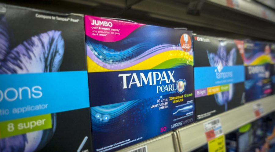 Boxes of tampons are in a pharmacy in New York. 