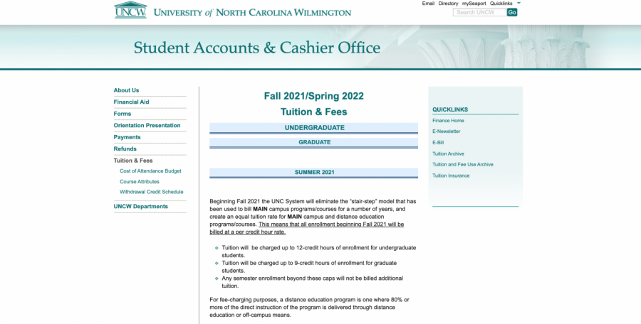 Screen capture taken of the UNCW website page on tuition.