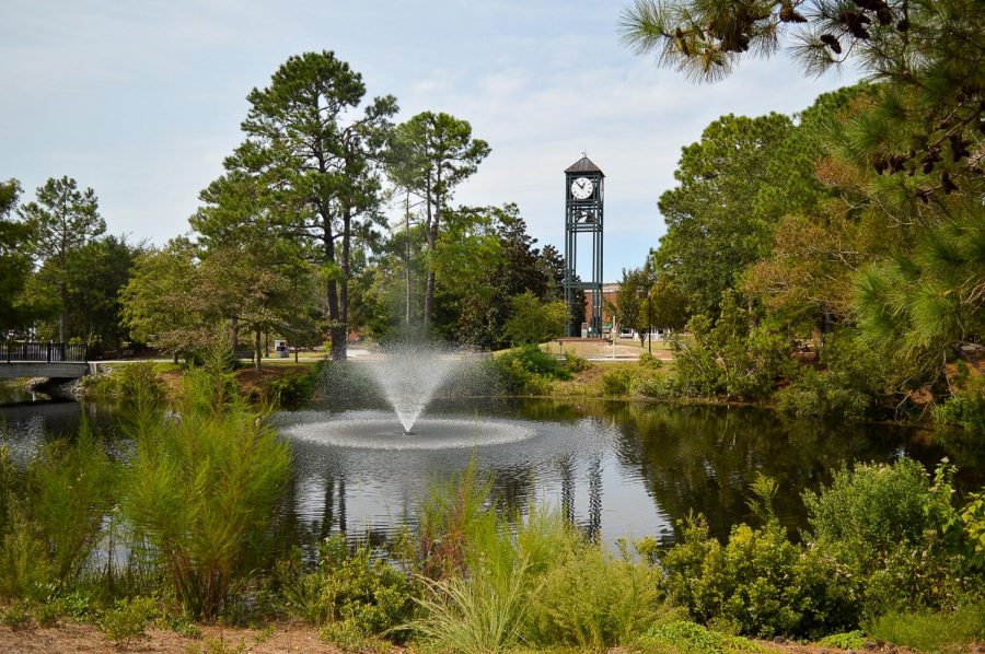 The clocktower across the pond.