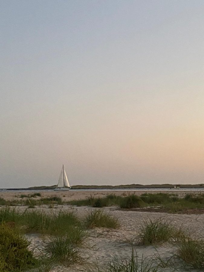 A sailboat in the distance.