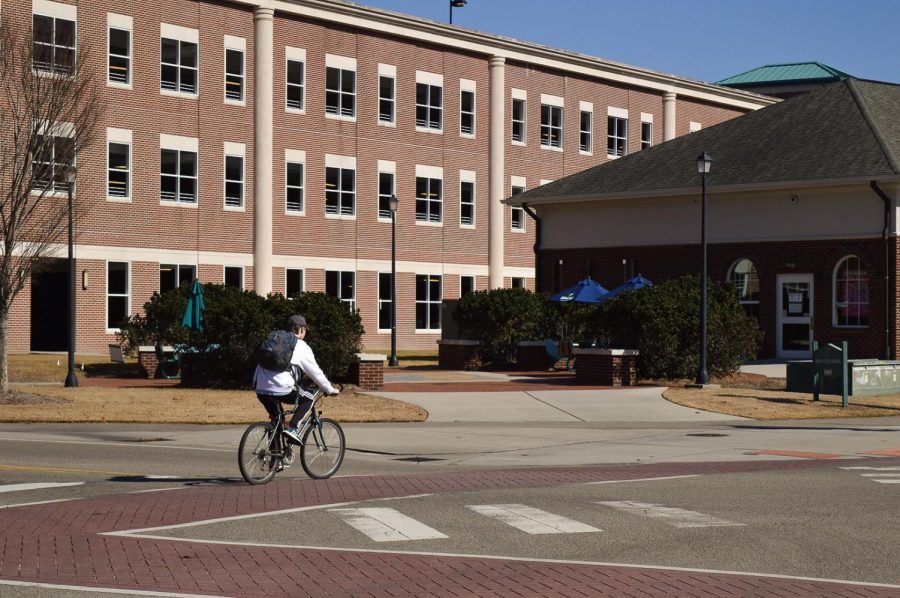 A biker on the crosswalk.