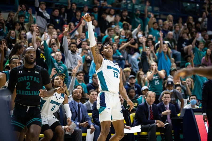 Trazarien White during UNCWs matchup with Coastal Carolina inside Trask Coliseum on Nov. 18, 2021 (Davis Kirk).