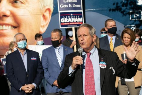 U.S. Rep. Joe Wilson speaks at an early morning campaign event with Lindsey Graham on Monday, Nov. 2, 2020 in Lexington, South Carolina. (Tracy Glantz/The State/TNS)