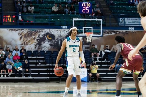 Shykeim Phillips during UNCWs matchup with Charleston on Jan. 12, 2022 inside Trask Coliseum (Zachary Kilby)