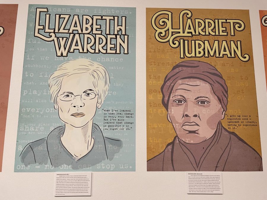 Elizabeth Warren, female senator and Harriet Tubman, a leader of the underground railroad in Randalls Womens History Month Exhibit. 