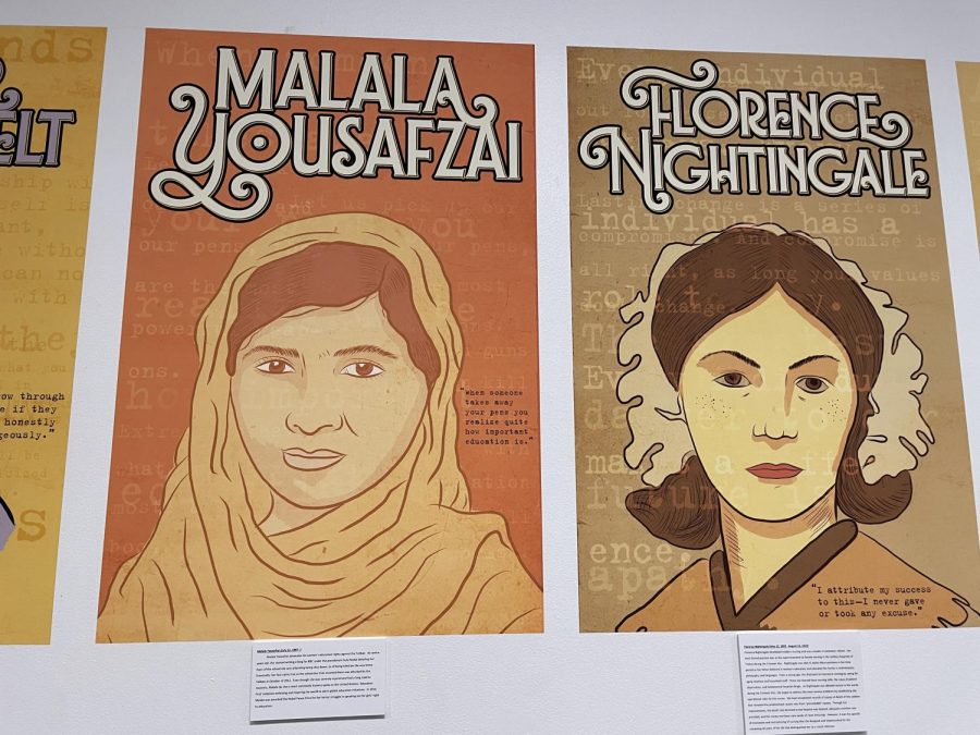 Malala Yousafzai, advocate for womens education and Florence Nightingale, who developed modern nursing in Randalls Womens History Month Exhibit.