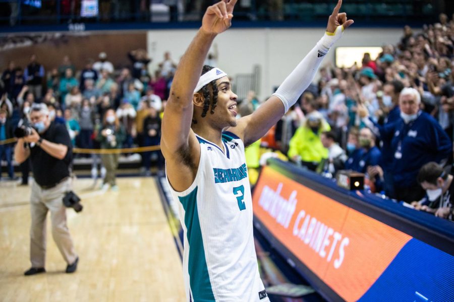 Shykeim Phillips (2) addressing the Seahawk crowd inside Trask Coliseum.