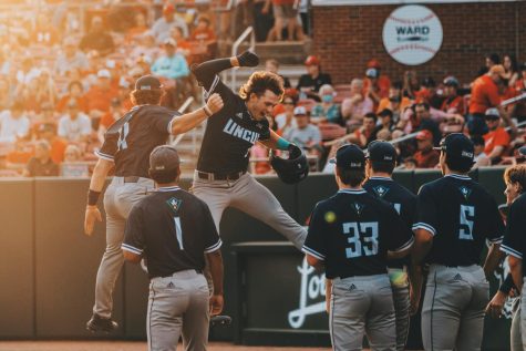 Jac Croom celebrating after hitting a home run against NC State on Apr. 12, 2022.