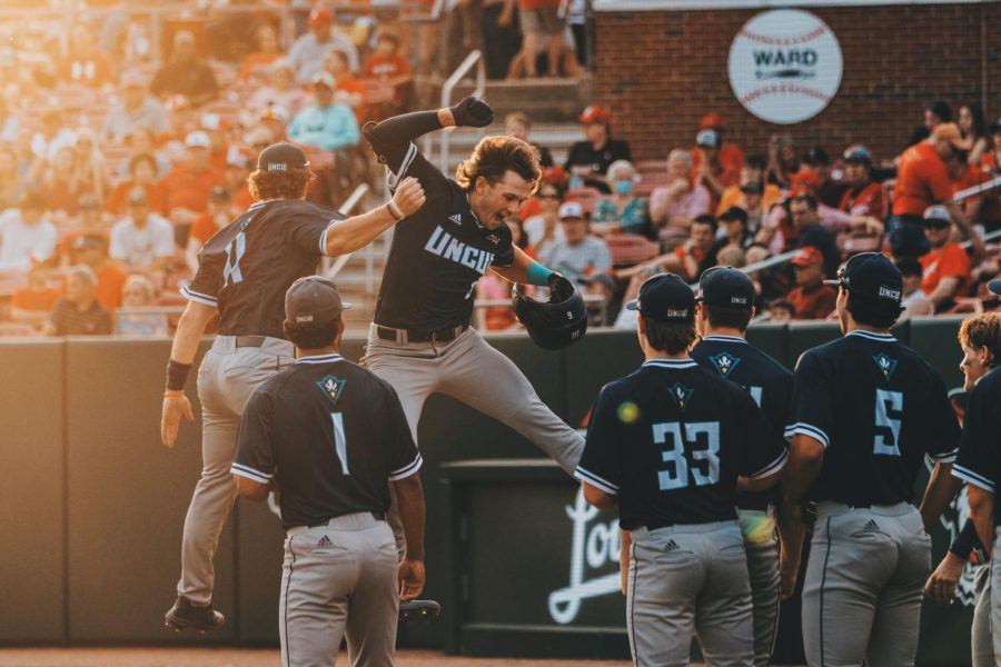 Jac Croom celebrating after hitting a home run against NC State on Apr. 12, 2022.