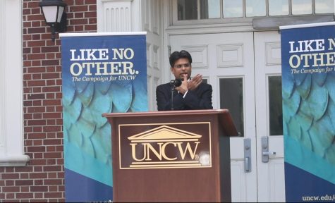 Chancellor-elect Aswani Volety speaks to the UNCW community in a ceremony on campus on May 26. Volety previously served as the Dean for UNCW’s College of Arts and Sciences from 2014-2019, and as the Executive Director of the Center for Marine Science from 2018-2019.