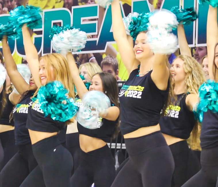 The UNCW dance team performs for the crowd to get the fans excited. The Hawtie Hawks are coached and choreographed by Joolie Davis. Photo by Emily Kimbrough