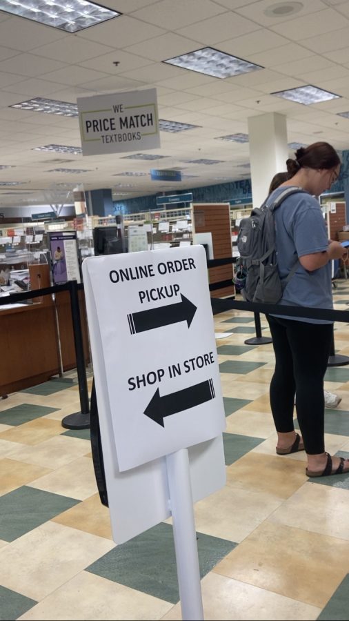 This sign greets the able-bodied individuals when entering the school bookstore. The bookstore lacked in providing accessible access to necessary information.