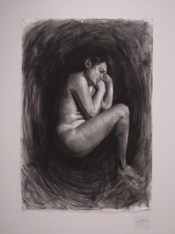 Artwork by Olivia Froelich, And I Was One of the Lucky Ones (3). Charcoal drawing. (Photograph by Skye Dlugy-Hegwer)
