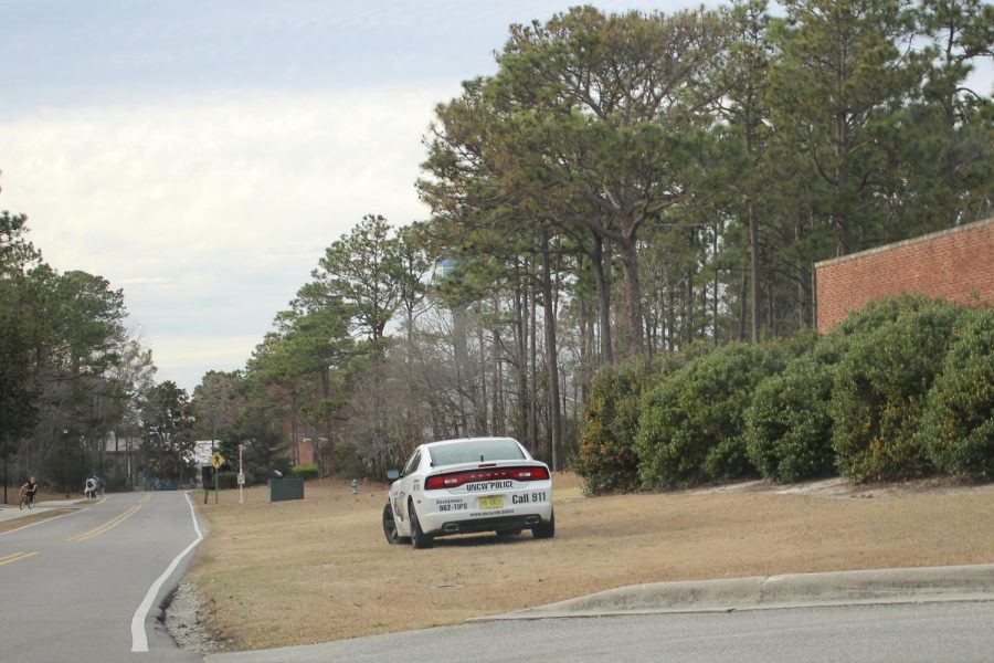 A UNCW Police vehicle outside of the Watson College of Education. Multiple cars surrounded the building shortly after receiving the inaccurate report of an active shooter.
