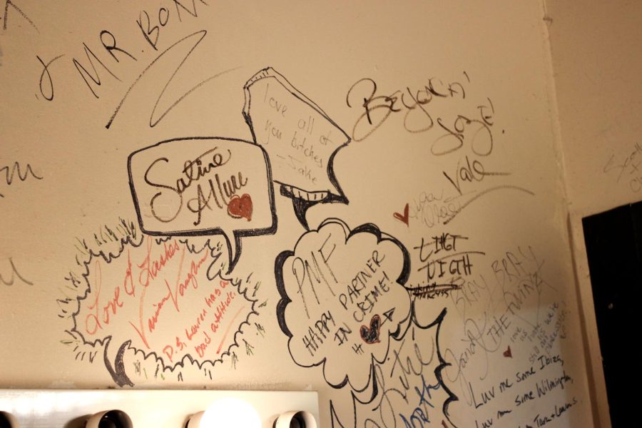 The signatures of past drag performers on the walls of the Ibiza dressing room.