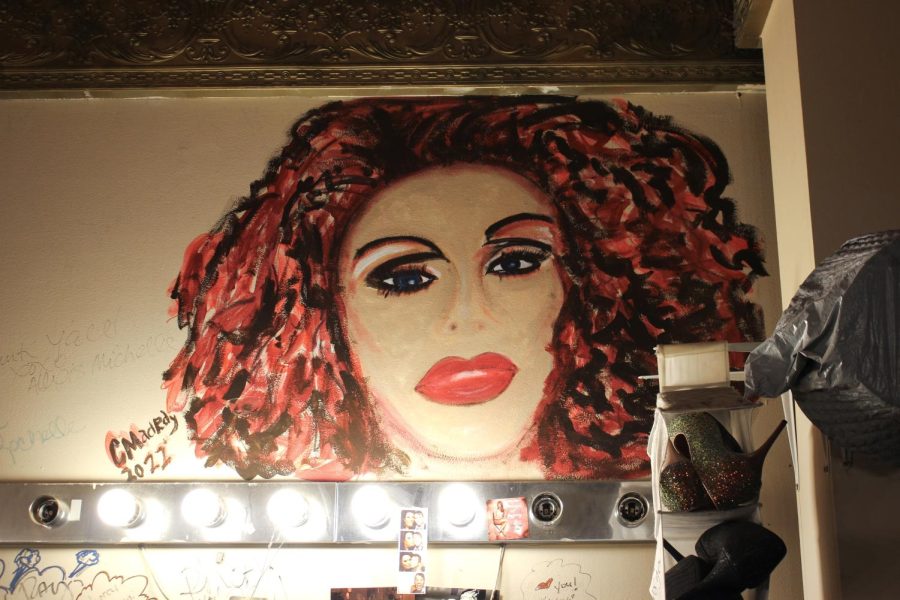 A painted mural of Tara Nicole Brooks above her dressing room mirror. The mural was created in 2022 by Chris Madray, a bartender at the club. Madray also created artwork in the lounge downstairs.