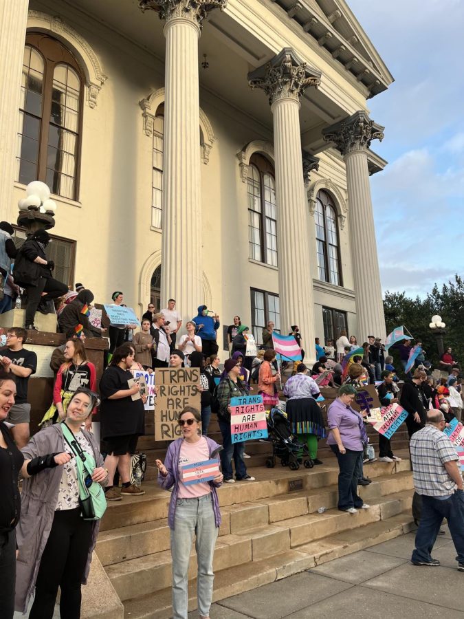Protesters gather at Thalian Hall ahead of the march through downtown Wilmington. 