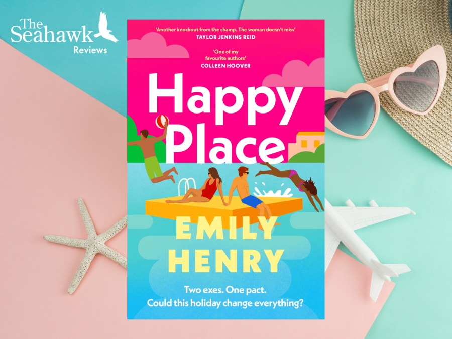 The cover of Happy Place, a contemporary romance novel by Emily Henry. (Penguin Random House/Graphic by Nate Mauldin)
