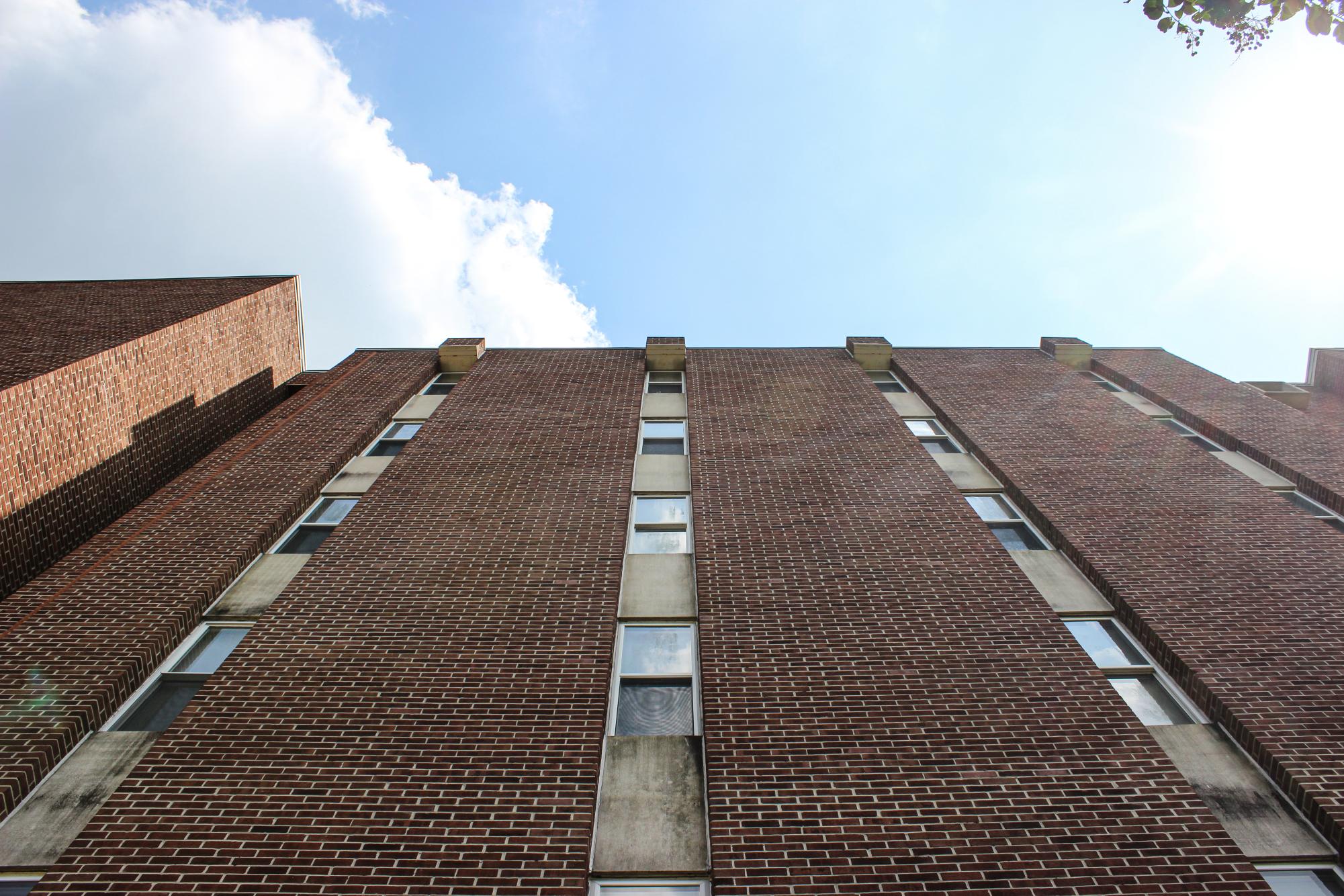 Outside of Galloway Hall. Completed in 1971, it was the first student dormitory built on campus. 