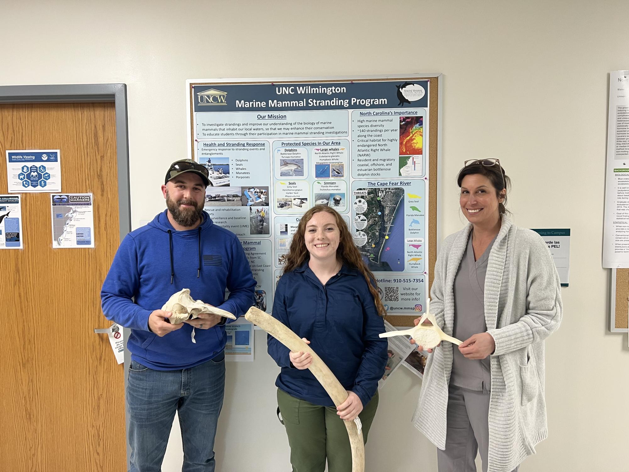 From left, doctors Michael Tift, Allison Loftis and Tiffany Keenan of UNCW’s Marine Mammal Stranding Program.