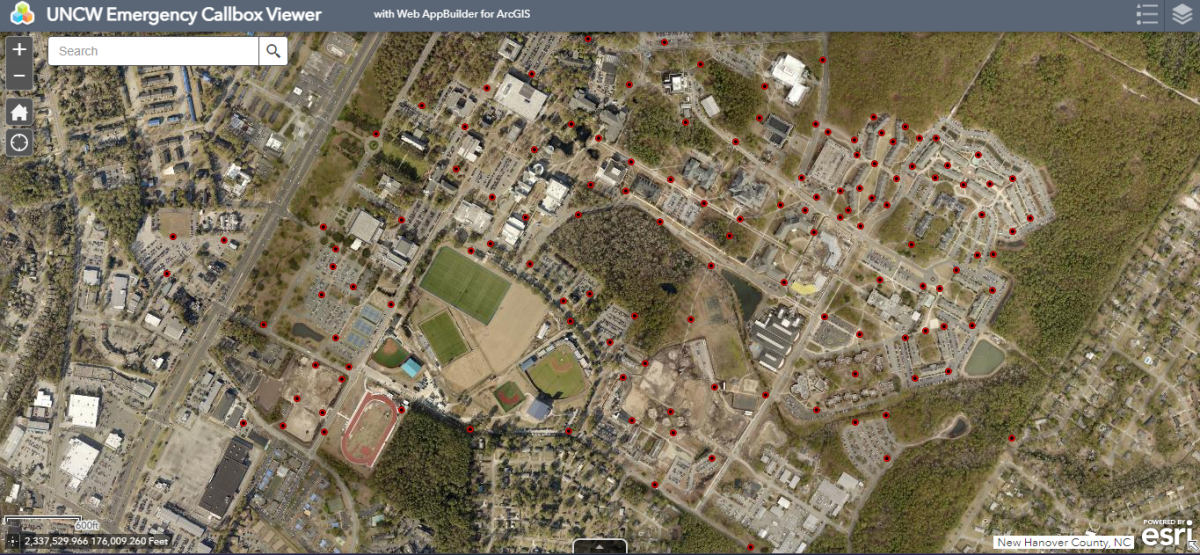A map of emergency callboxes on campus. (UNCW) [hyperlink: https://uncw.maps.arcgis.com/apps/webappviewer/index.html?id=579a0e90030c4864a41c70fbe06338d9 ]
