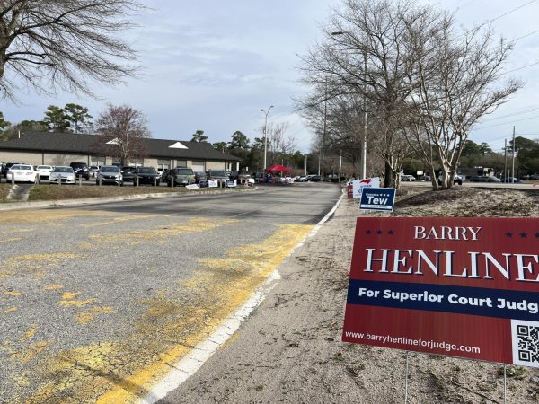 Signs for primary candidates posted outside of an early voting site. (Jackson Davenport/The Seahawk)