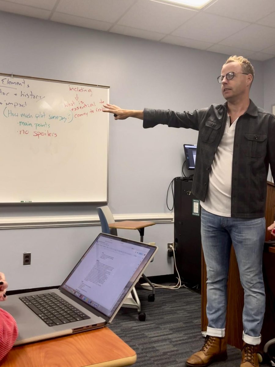 Dr. Josh Roiland Teaching ENG 305 Professional Review Writing, which he likes to call "Theory of Practice and Criticism." (Alli DeMan/The Seahawk)